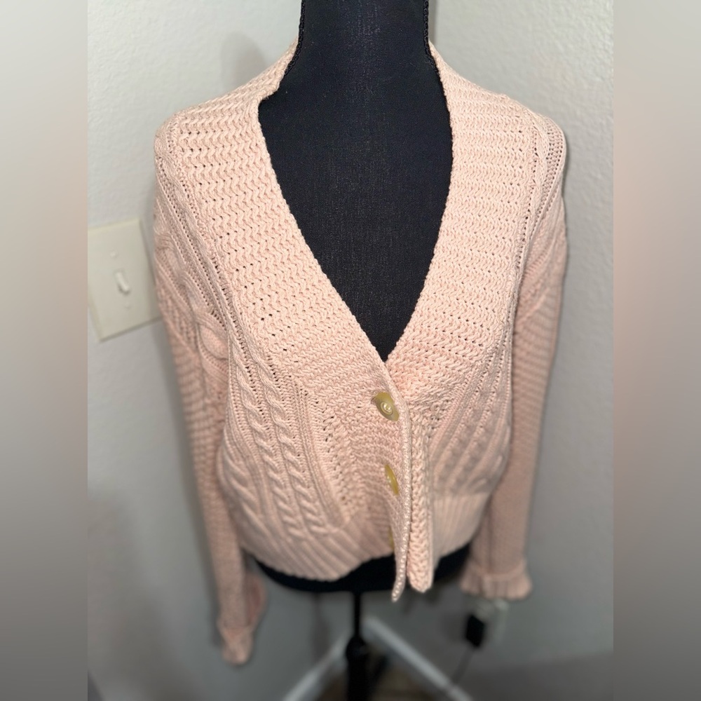 THE GREAT. Chunky Blush The Cable Montana Fisherman Cardigan- Size Small